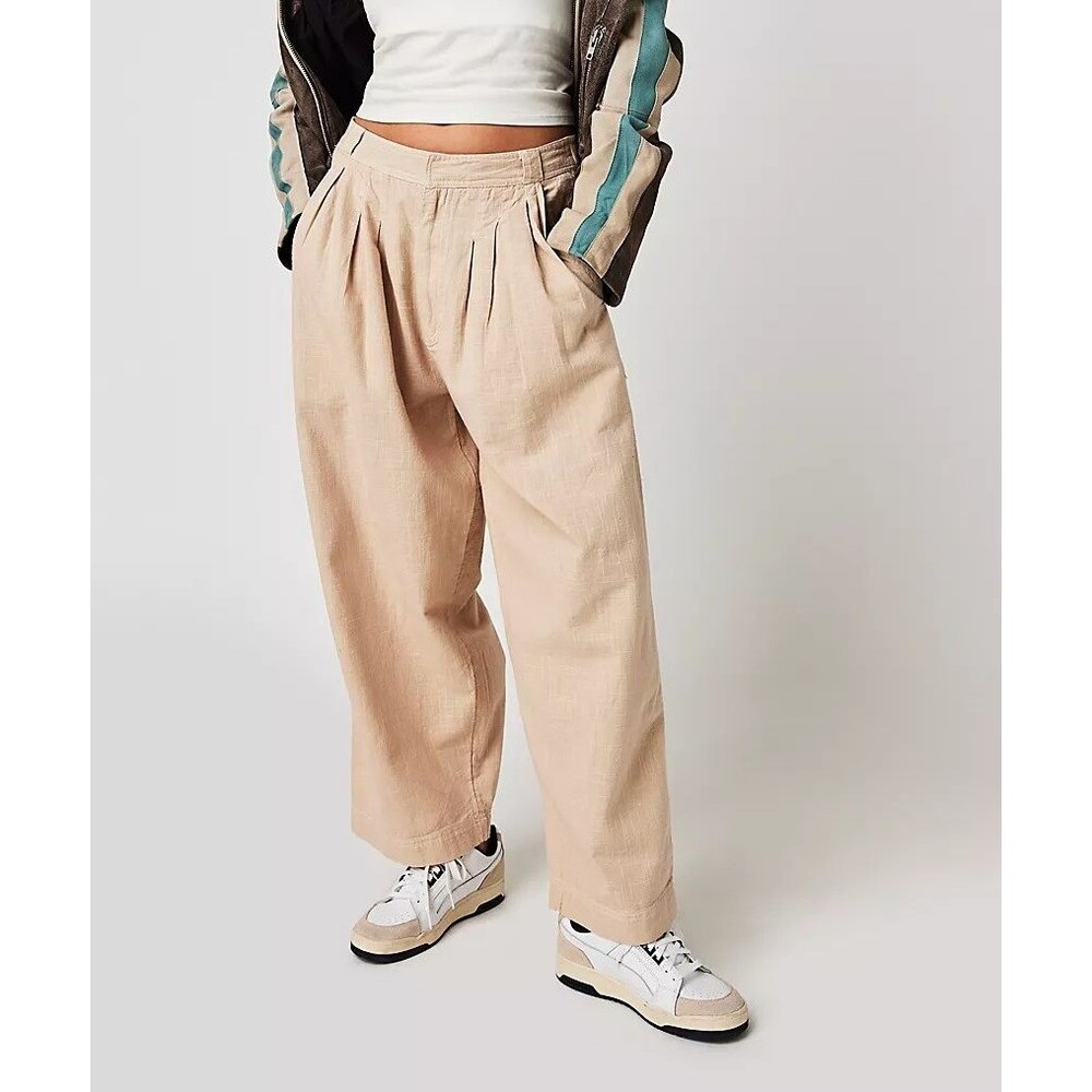 Free People Lotta Love Linen Trousers Pants High-Rise Wide-Leg Cotton M-8 280839